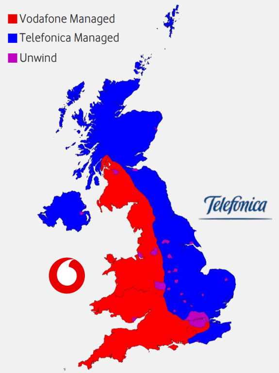 Diagram of O2 and Vodafone's management split, showing O2 managing Scotland, Northern Ireland and the east of England, while Vodafone manages Wales and the West of England.